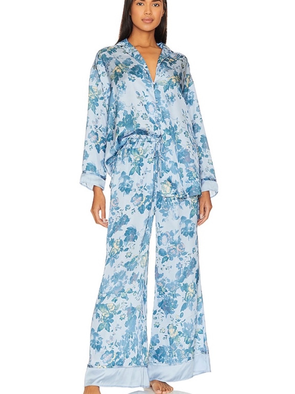 Free People Light Blue Floral Satin Pajama Set